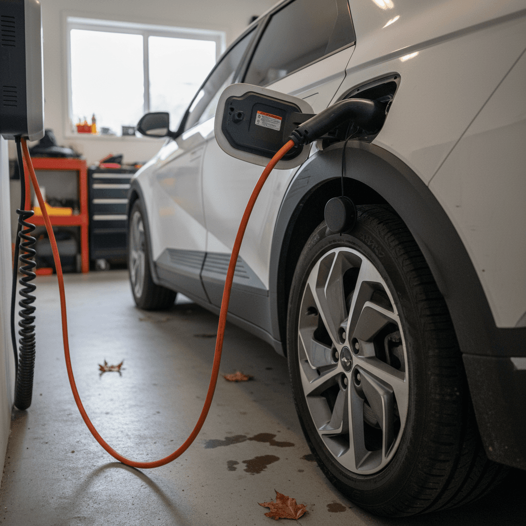 Used Hyundai IONIQ 5 plugged into a home Level 2 wall charger in a modern garage