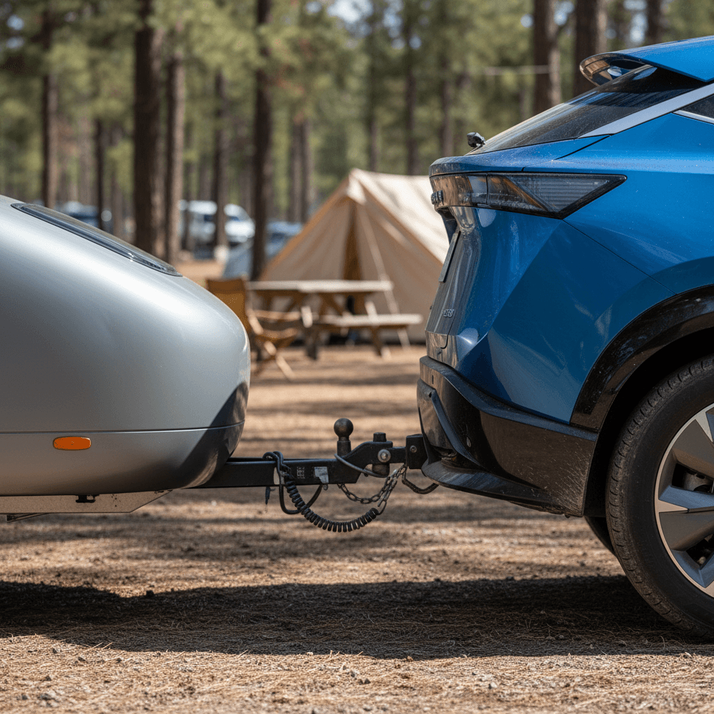 Nissan Ariya electric SUV hitched to a compact camping trailer at a wooded campsite