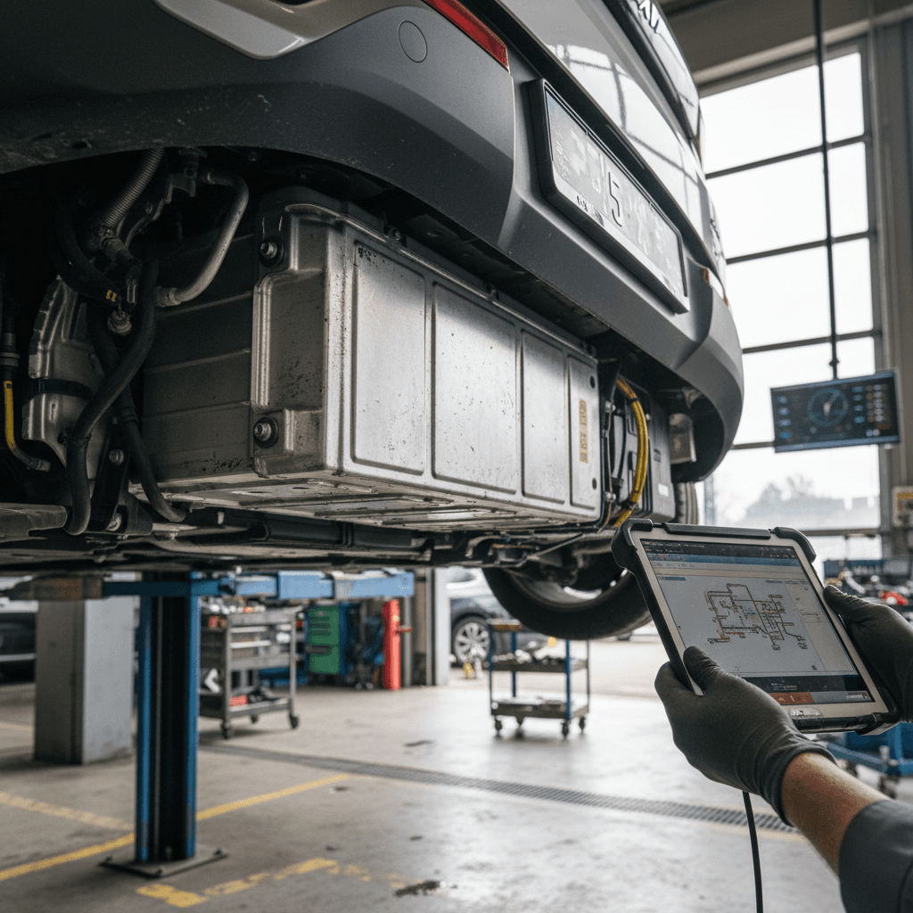 Technician inspecting the high-voltage battery pack of a Kia EV9 on a lift in a service bay