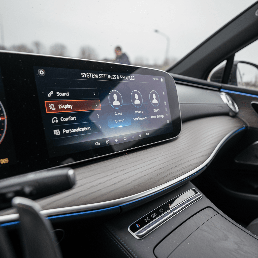 Mercedes EQS interior with MBUX Hyperscreen showing system settings and user profiles