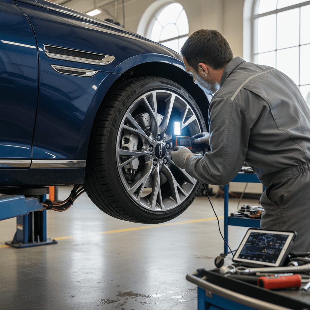 Technician inspecting brakes and tires on a luxury electric sedan on a lift during scheduled maintenance