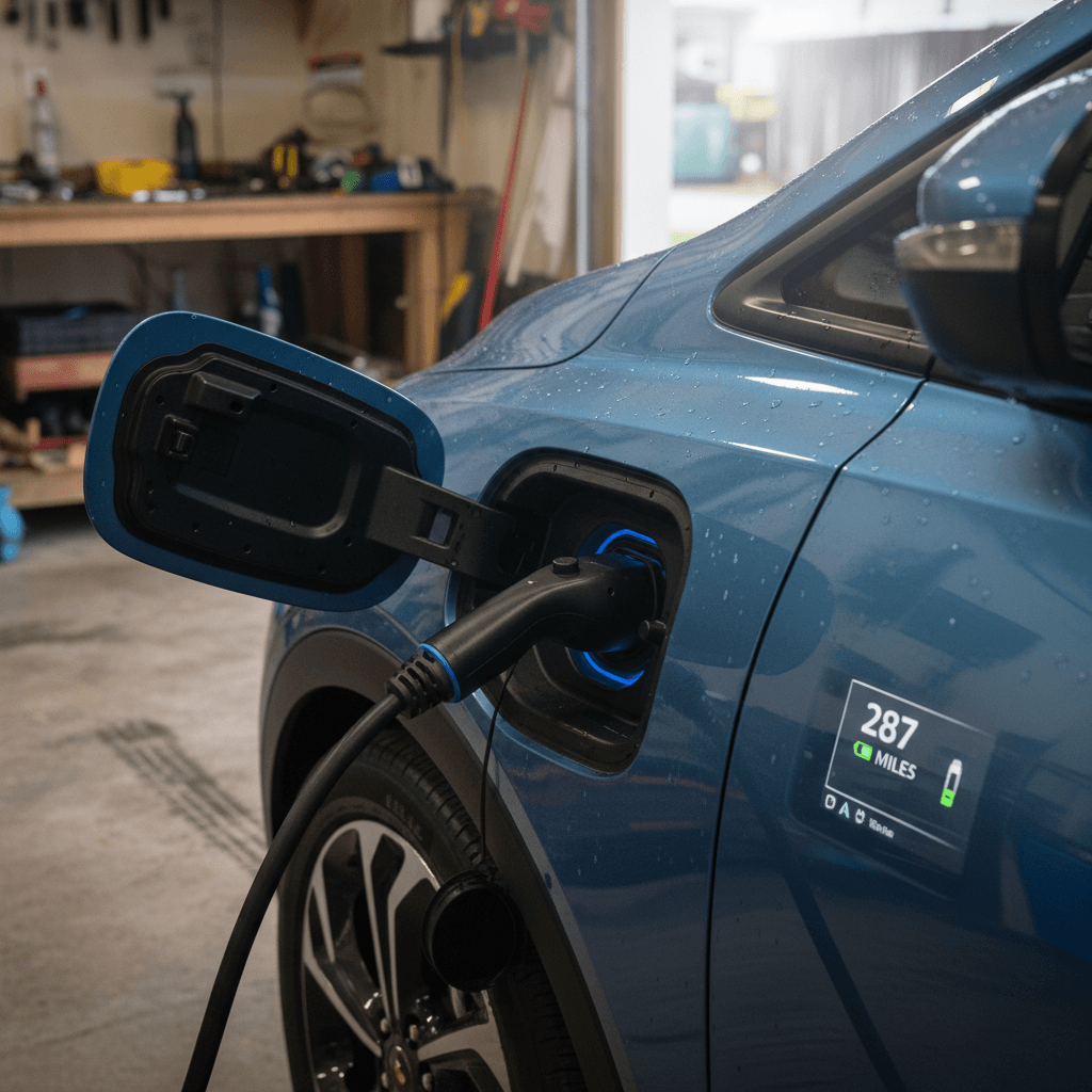 2023 Chevrolet Bolt EUV charging with interior dash showing range estimate