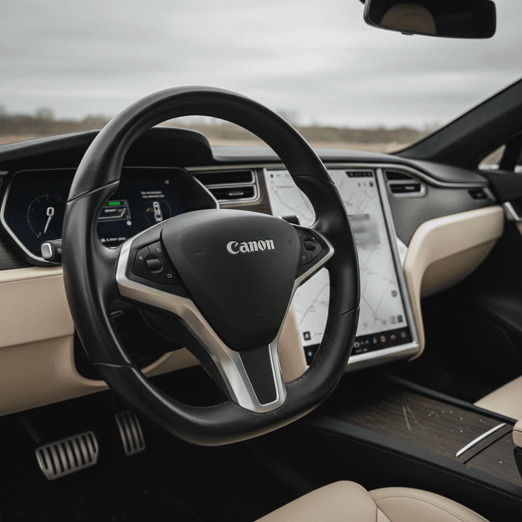 Interior of a 2022 Tesla Model S showing yoke steering and large center touchscreen