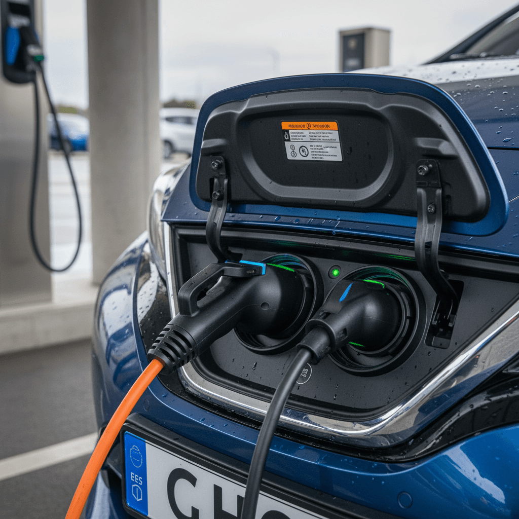 Nissan Leaf connected to both a Level 2 AC charger and a DC fast charger at a public charging station, showing different connector types