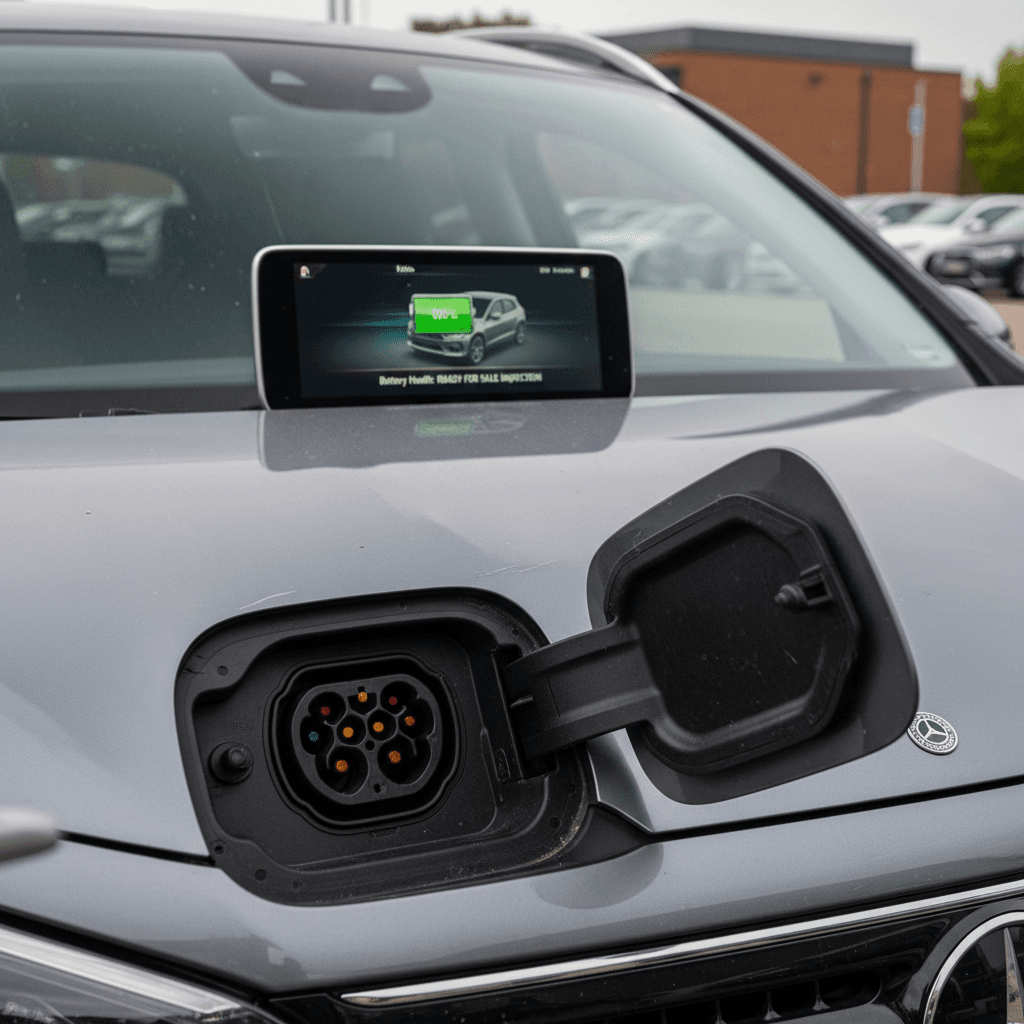 Close-up of a Mercedes EQB charging port and interior display with battery information visible, illustrating how to present battery health when selling.