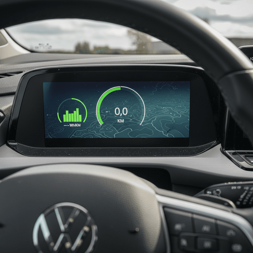 Volkswagen ID.4 interior digital cockpit showing range and energy use, emphasizing efficiency and cost per mile