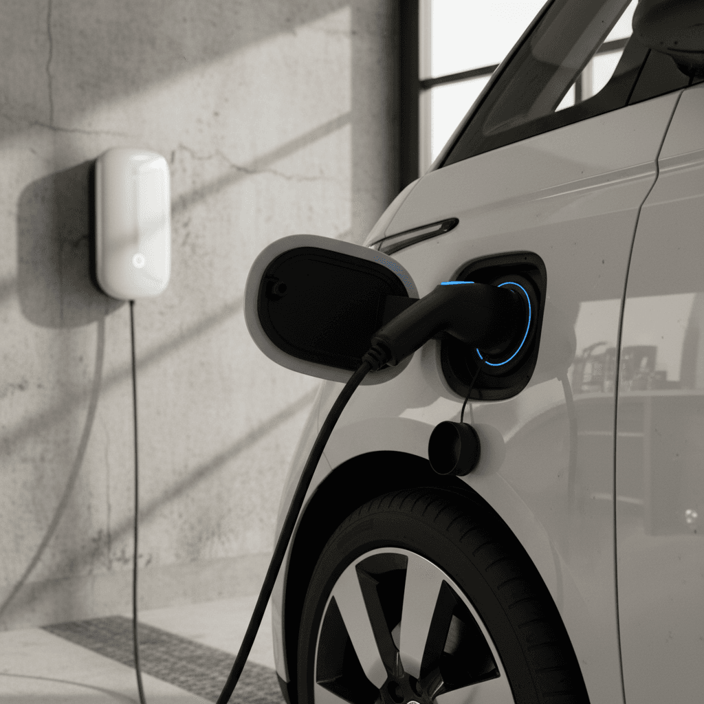 Volkswagen ID. Buzz charging in a residential garage from a slim Level 2 wallbox charger
