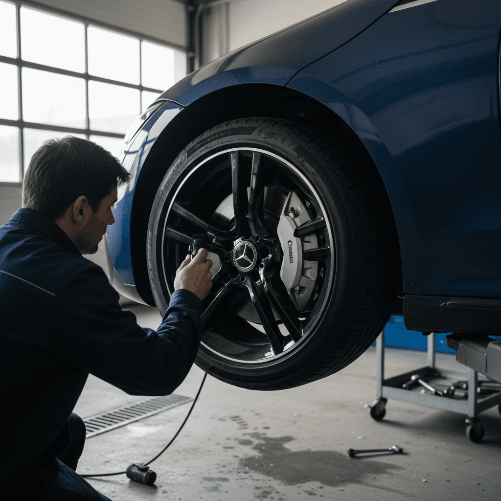 Technician performing brake and suspension inspection on a Mercedes EQS in a service bay