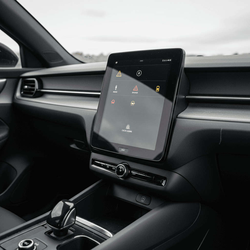 Interior view of a 2022 Polestar 2 dashboard showing warning messages on the central touchscreen