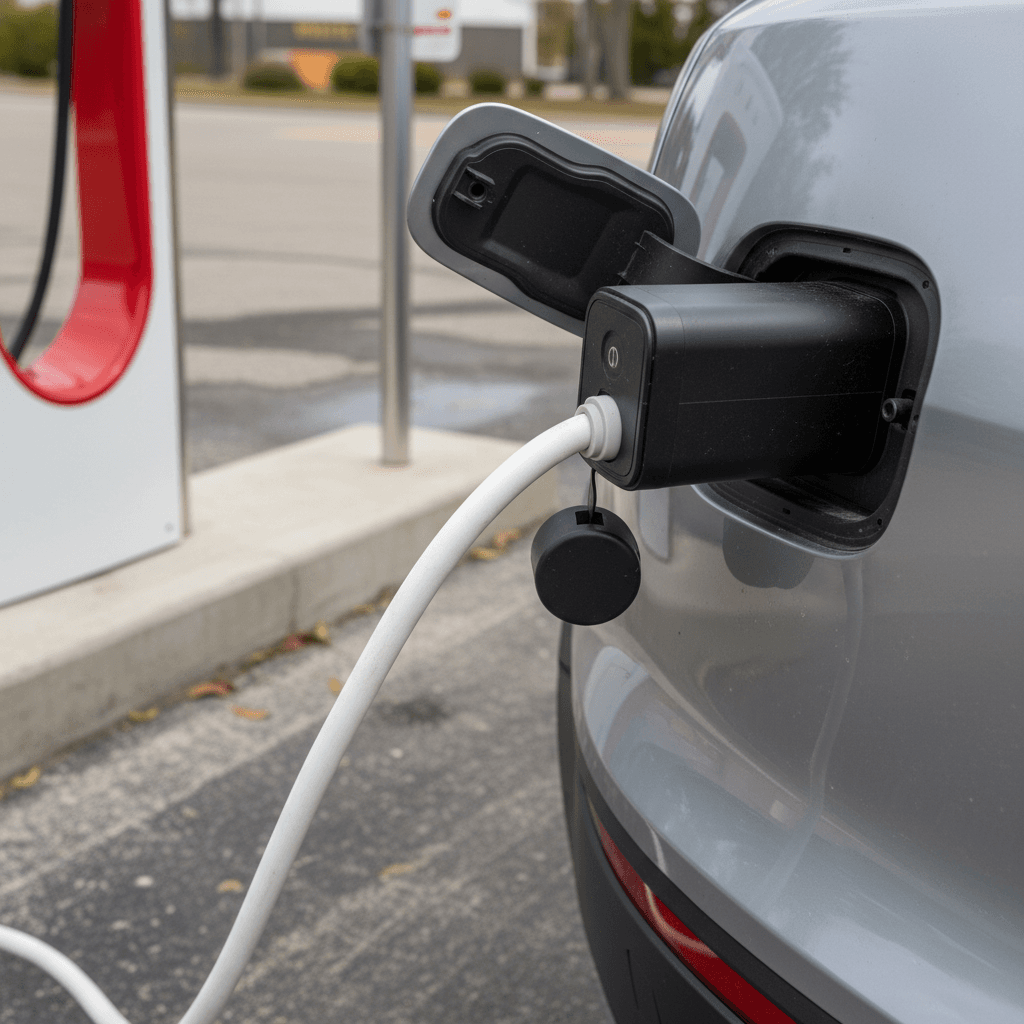 Non‑Tesla EV using a NACS to CCS adapter while plugged into a Tesla Supercharger stall