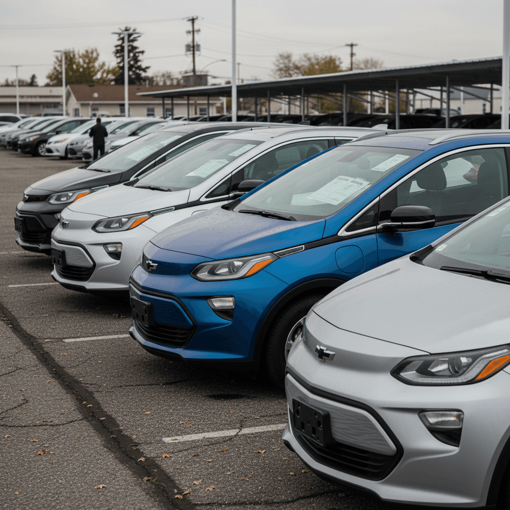 Several used Chevrolet Bolt EUVs parked on a dealer lot with price tags in the windshield