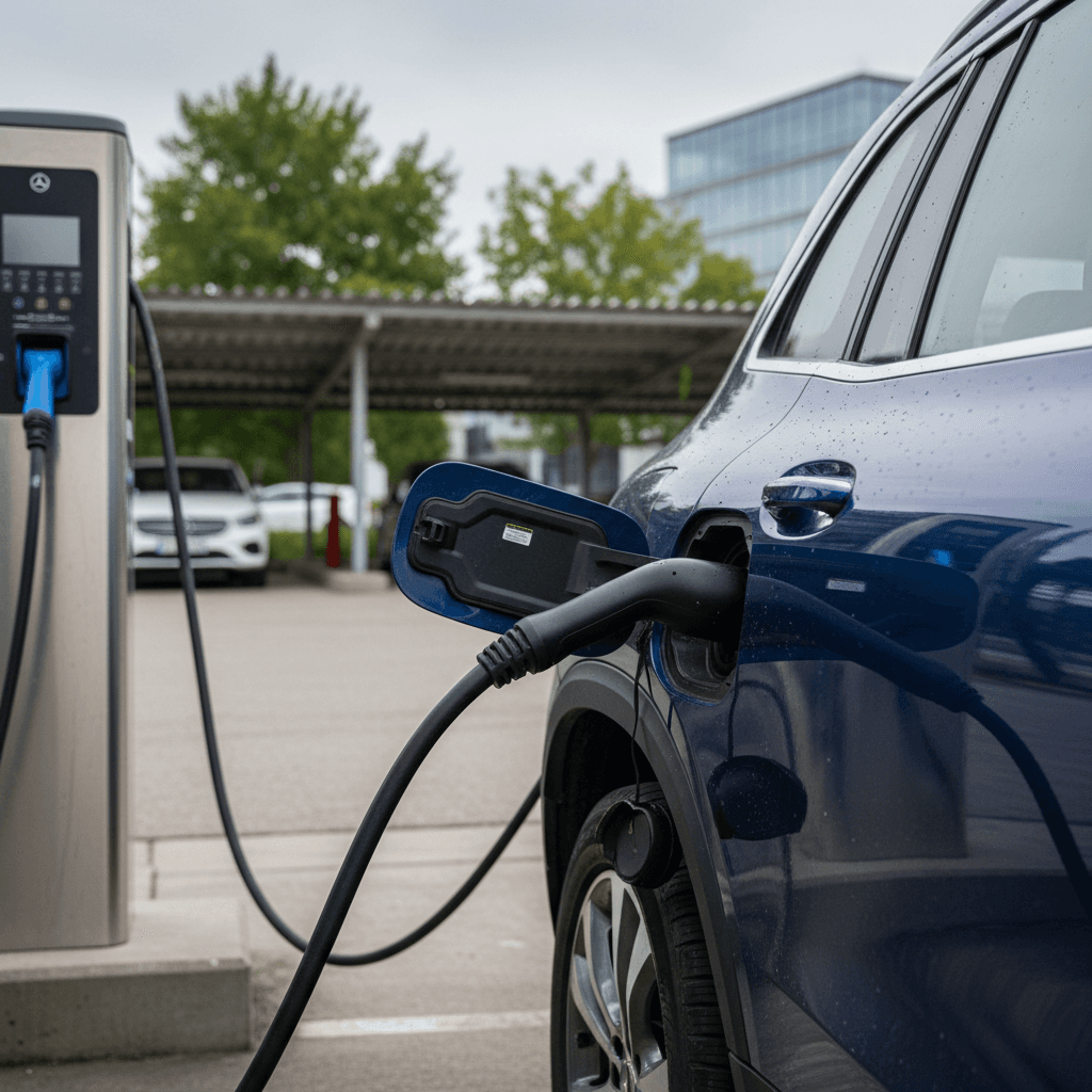 Mercedes EQB charging at a DC fast charger with cable connected on driver side