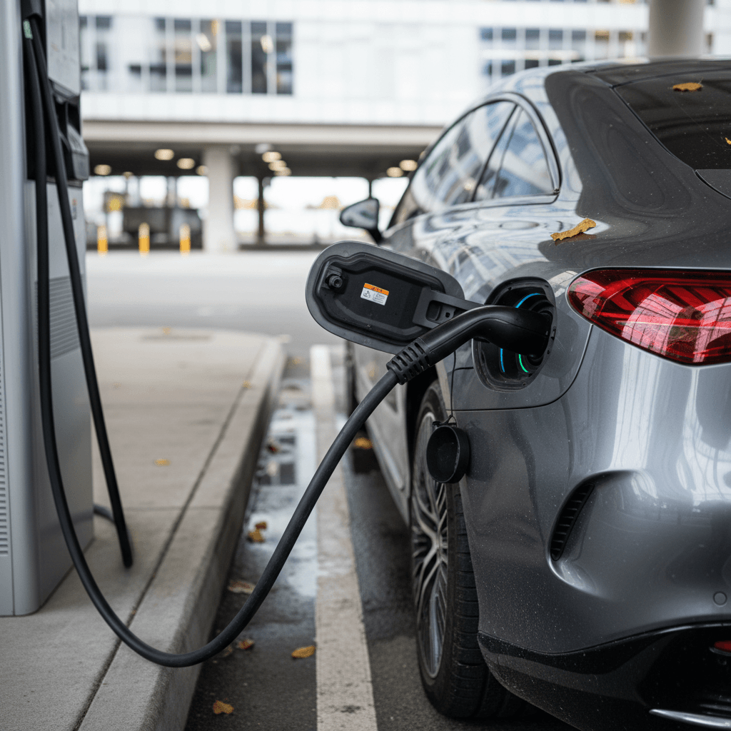 2023 Mercedes EQS plugged into a public DC fast charger, showing the charging port and cable connection on the rear fender
