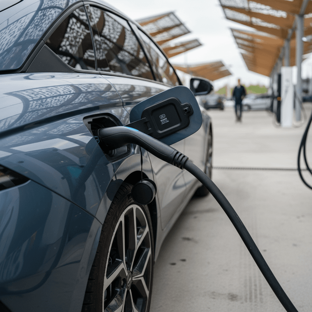 Hyundai Ioniq 6 plugged into a DC fast charger at a modern charging station