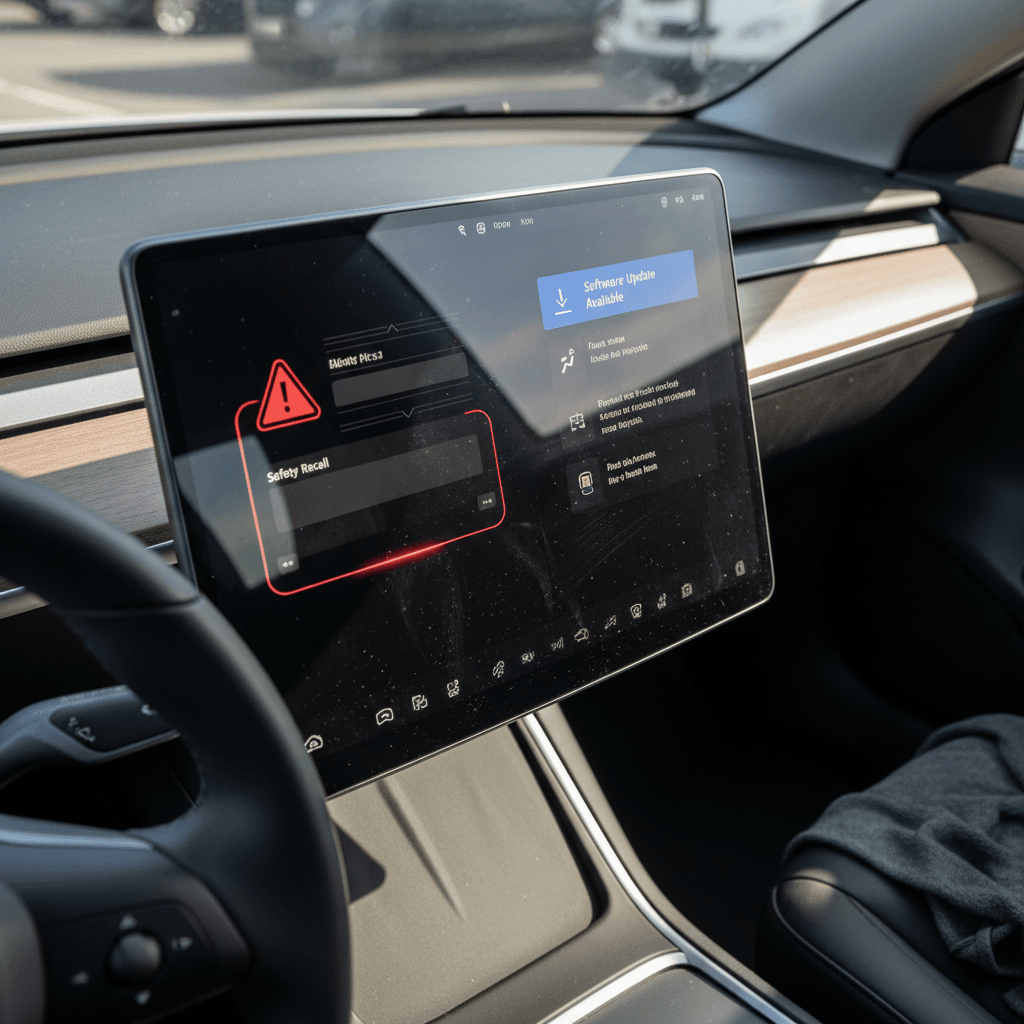 Tesla Model 3 interior showing a software update and safety warning on the center display