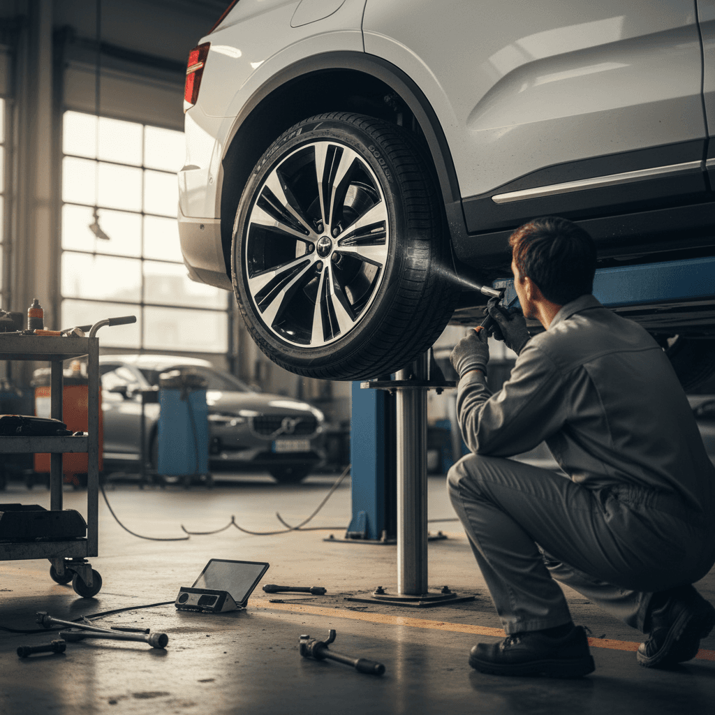 Technician inspecting a Volvo EX90 on a lift, checking tires and underbody components during routine maintenance.