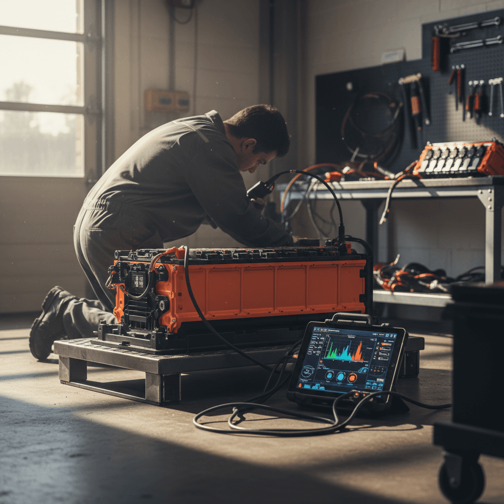 Technician in a service bay inspecting the high-voltage battery pack of a Chevrolet Bolt EV with diagnostic equipment attached