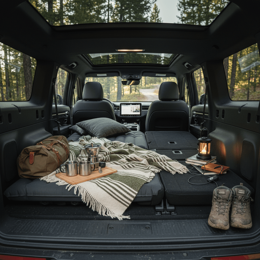 Rivian R1S interior set up as a sleeping area with seats folded flat, bedding, and camping gear organized along the sides