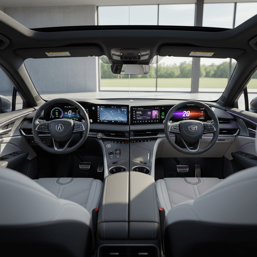 Comparison of Acura ZDX and Cadillac Lyriq luxury EV interiors highlighting their large curved displays and ambient lighting