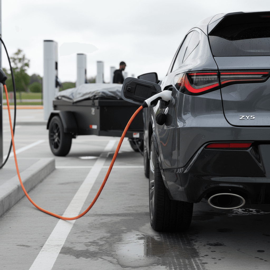 Acura ZDX parked at a fast-charging station while towing a small trailer