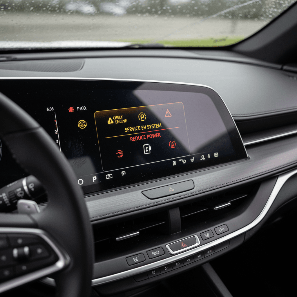 Digital instrument cluster of a 2024 Cadillac Lyriq showing multiple warning lights and messages