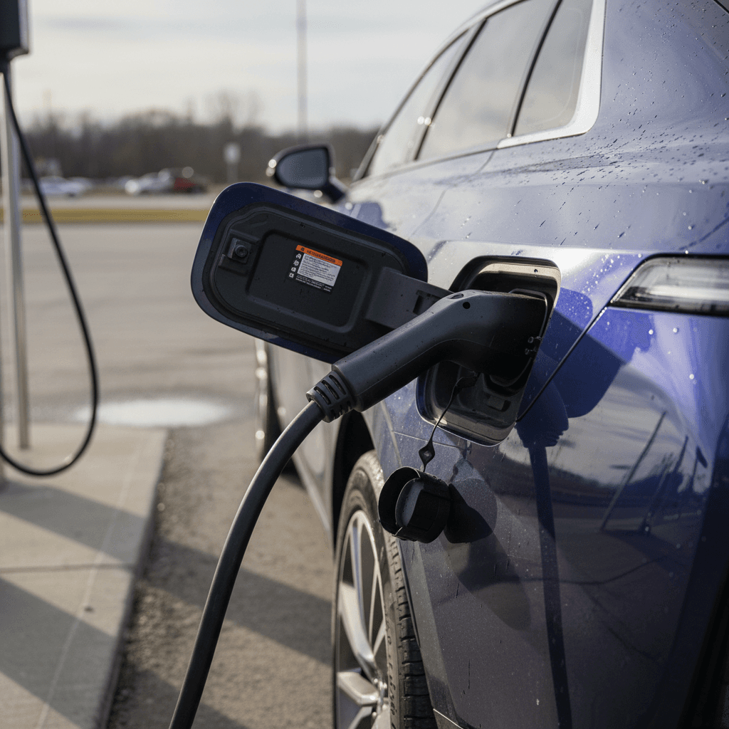 Cadillac Lyriq plugged into a public DC fast charger at a highway station, displaying charging time on screen
