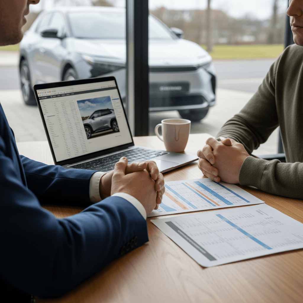 Driver reviewing Toyota bZ4X insurance quote with an agent at a desk
