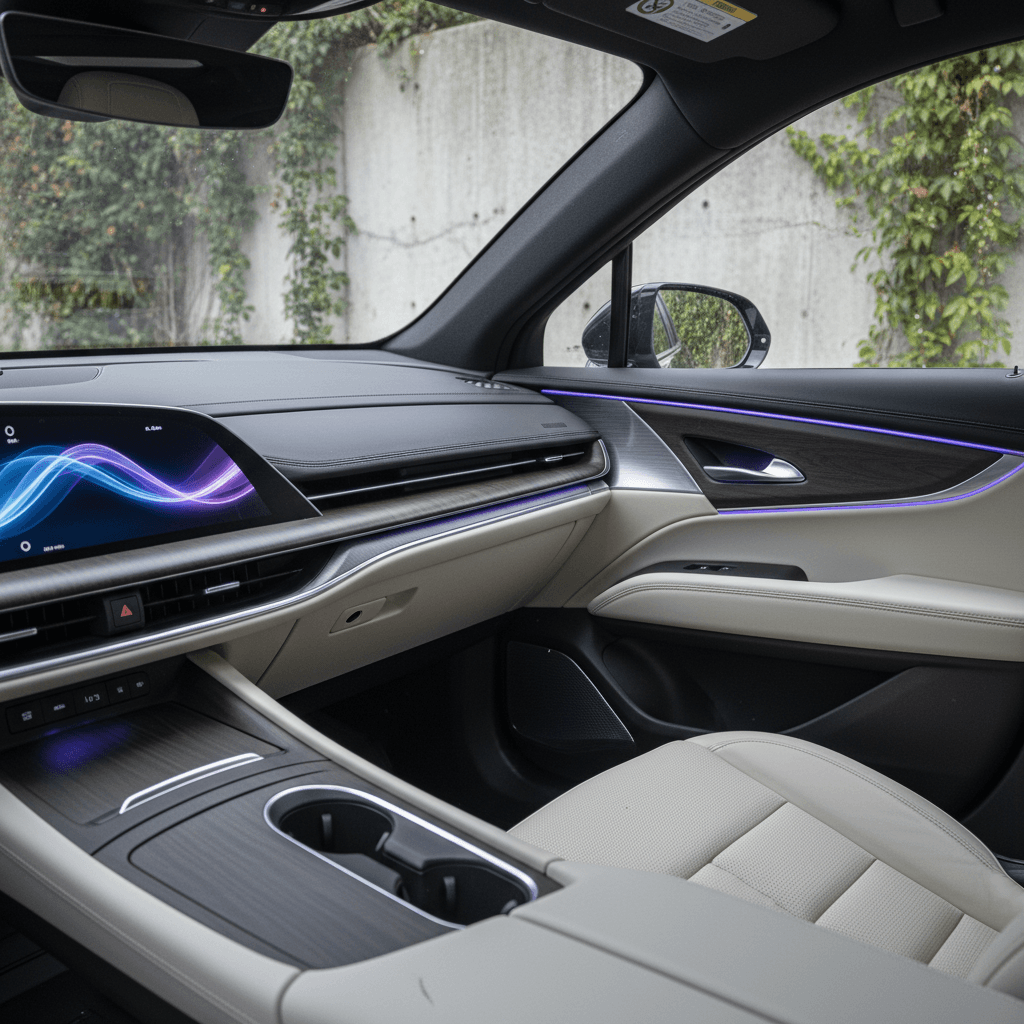 Electric Cadillac SUV charging at a station at night with city lights in the background
