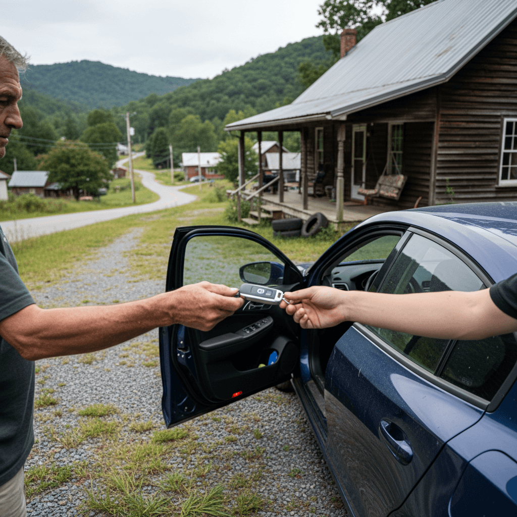 Seller handing keys of a used electric vehicle to a buyer in a residential West Virginia neighborhood, with hills in the background