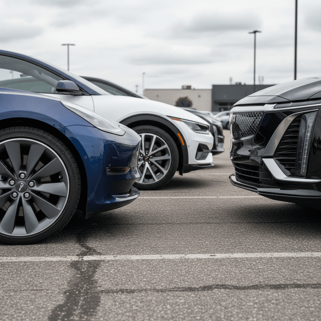 Lineup of popular used electric cars including a Tesla Model 3, Hyundai Ioniq 5, Kia EV6 and Cadillac Lyriq parked in a dealership lot