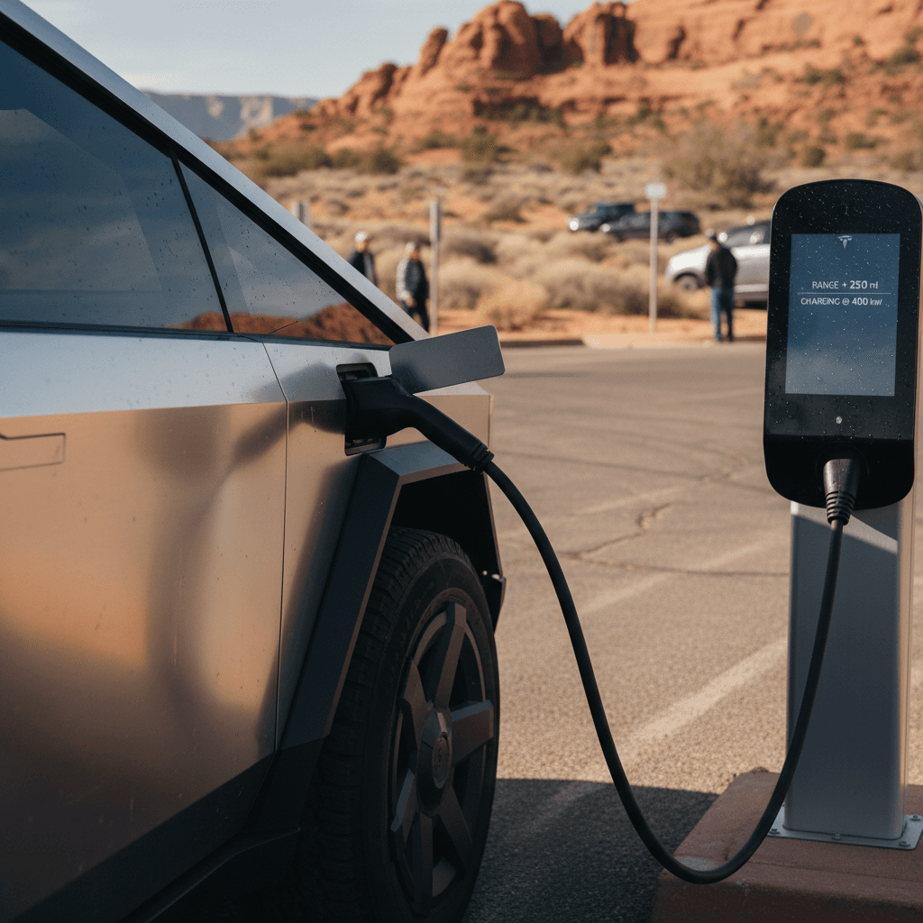 Tesla Cybertruck plugged into a DC fast charger with range remaining displayed on the center screen