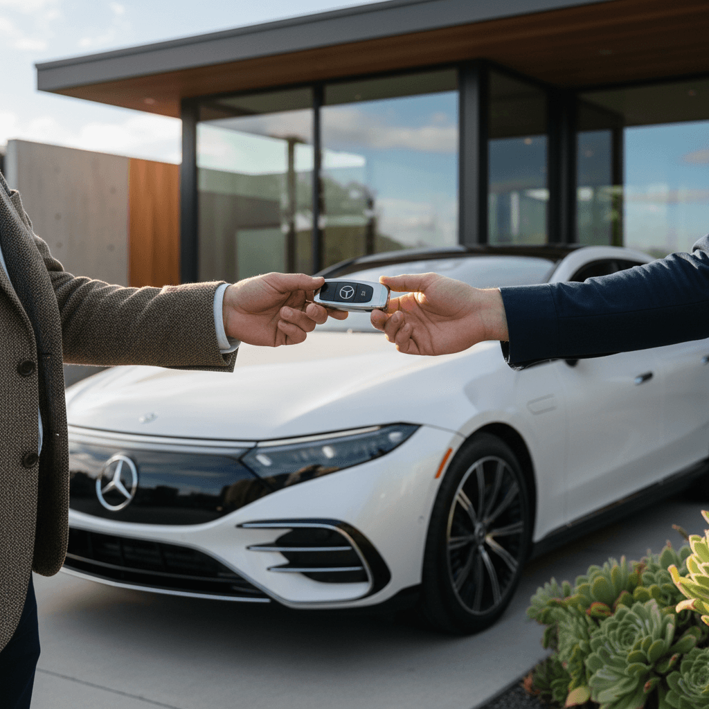 Mercedes EQS owner handing keys to buyer in front of a modern home, showcasing a clean, well-presented electric sedan ready for sale