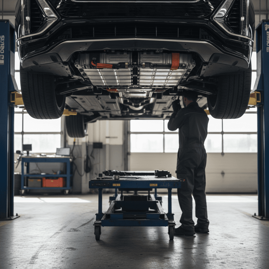 Technician inspecting a Cadillac Lyriq Ultium battery pack on a lift in a dealership service bay
