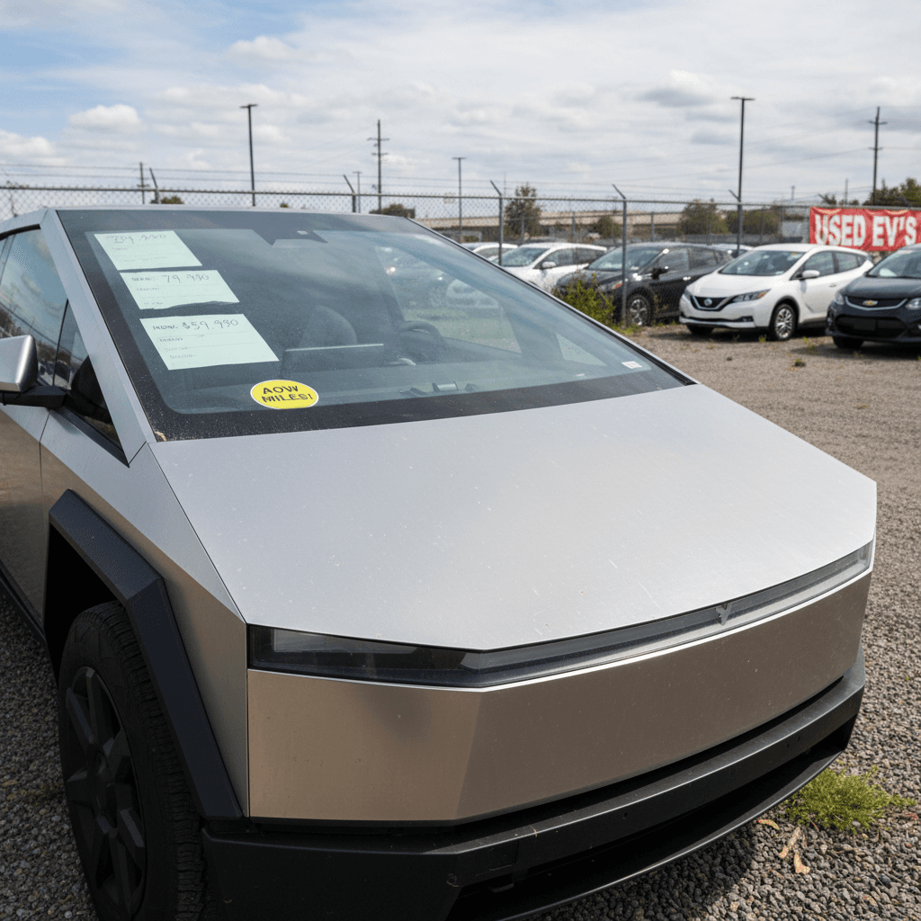Row of used Tesla Cybertrucks on a dealer lot with price stickers on the windshields