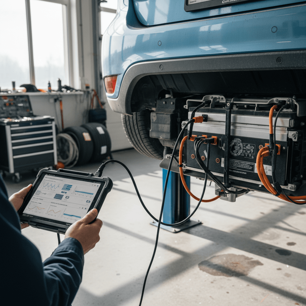 Technician running battery diagnostics on a used electric car with a tablet in a clean service bay