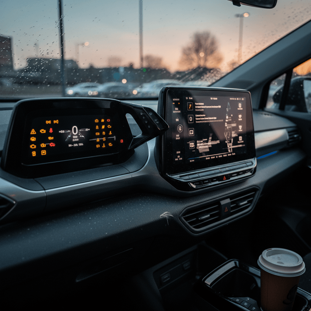 Volkswagen ID.4 dashboard with multiple warning lights illuminated and infotainment screen on