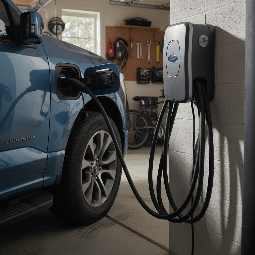 Ford F-150 Lightning plugged into a high-power wall-mounted home EV charger inside a clean residential garage