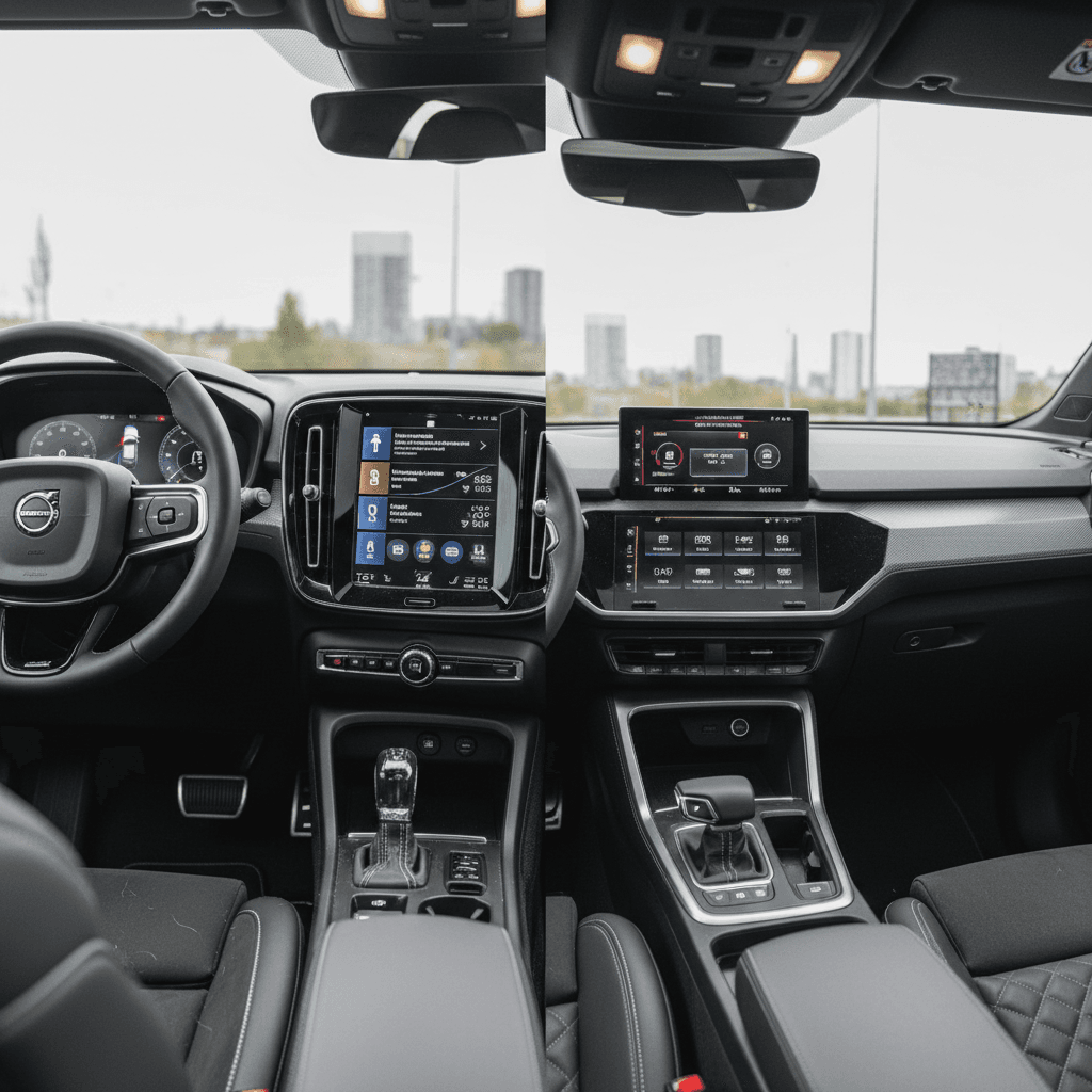 Side-by-side comparison of Volvo XC40 Recharge and Audi Q4 e-tron interiors, showing dashboards, infotainment screens, and seating layout