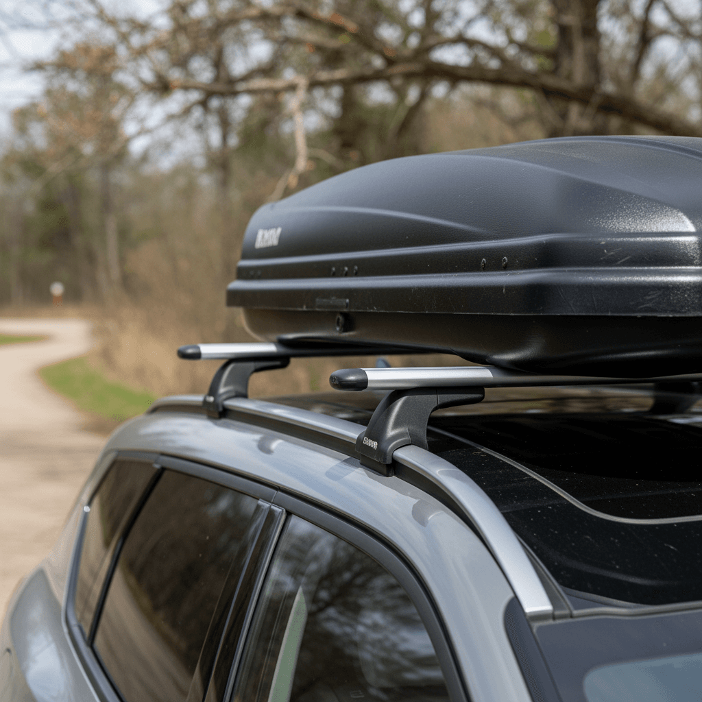 Kia EV9 roof rails and crossbars holding a cargo box in a driveway