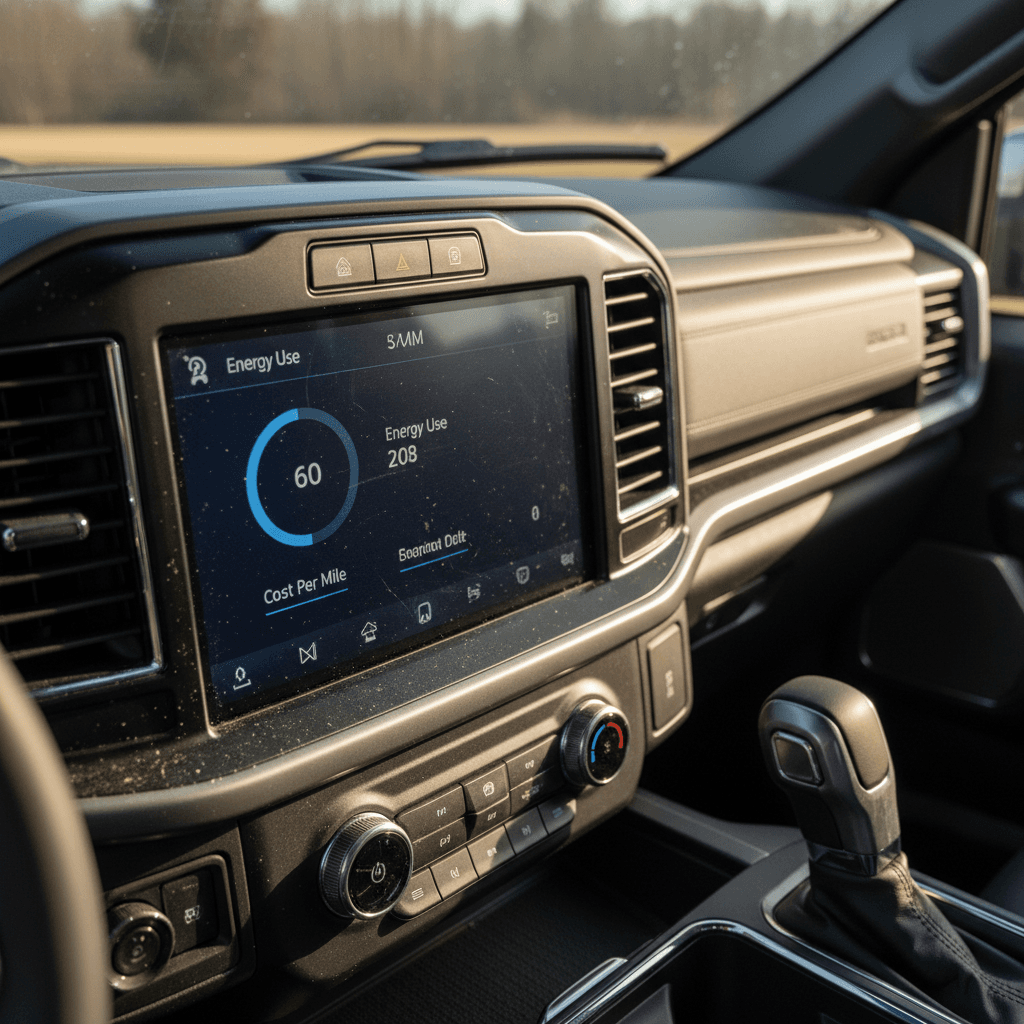 Ford F-150 Lightning trip computer showing energy consumption and cost per mile readout on the digital display