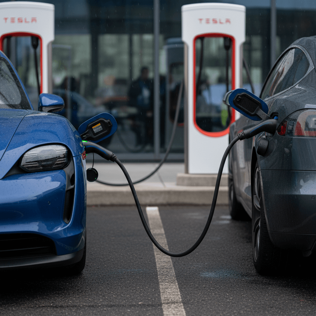 Porsche Taycan and Tesla Model S charging side by side at fast chargers