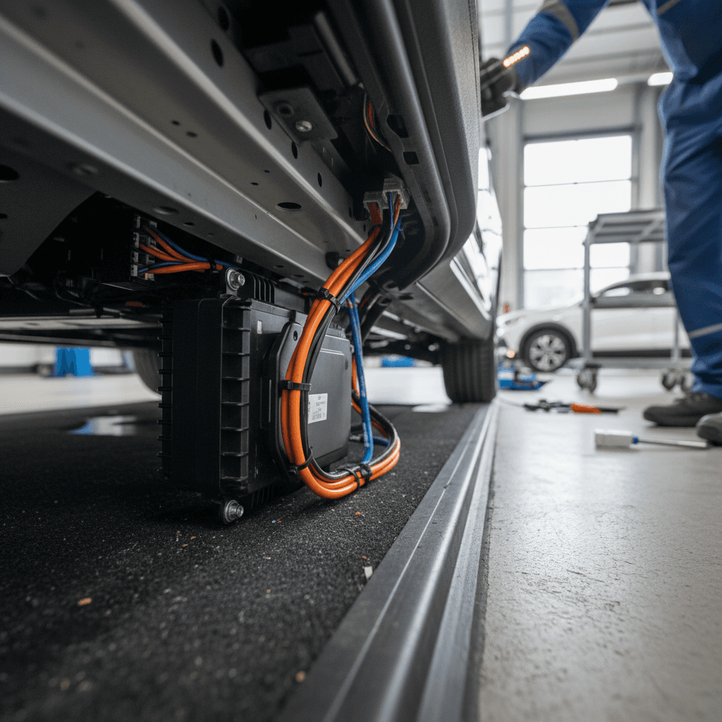 Technician inspecting wiring harness under the front passenger seat of a Kia Niro EV during recall service