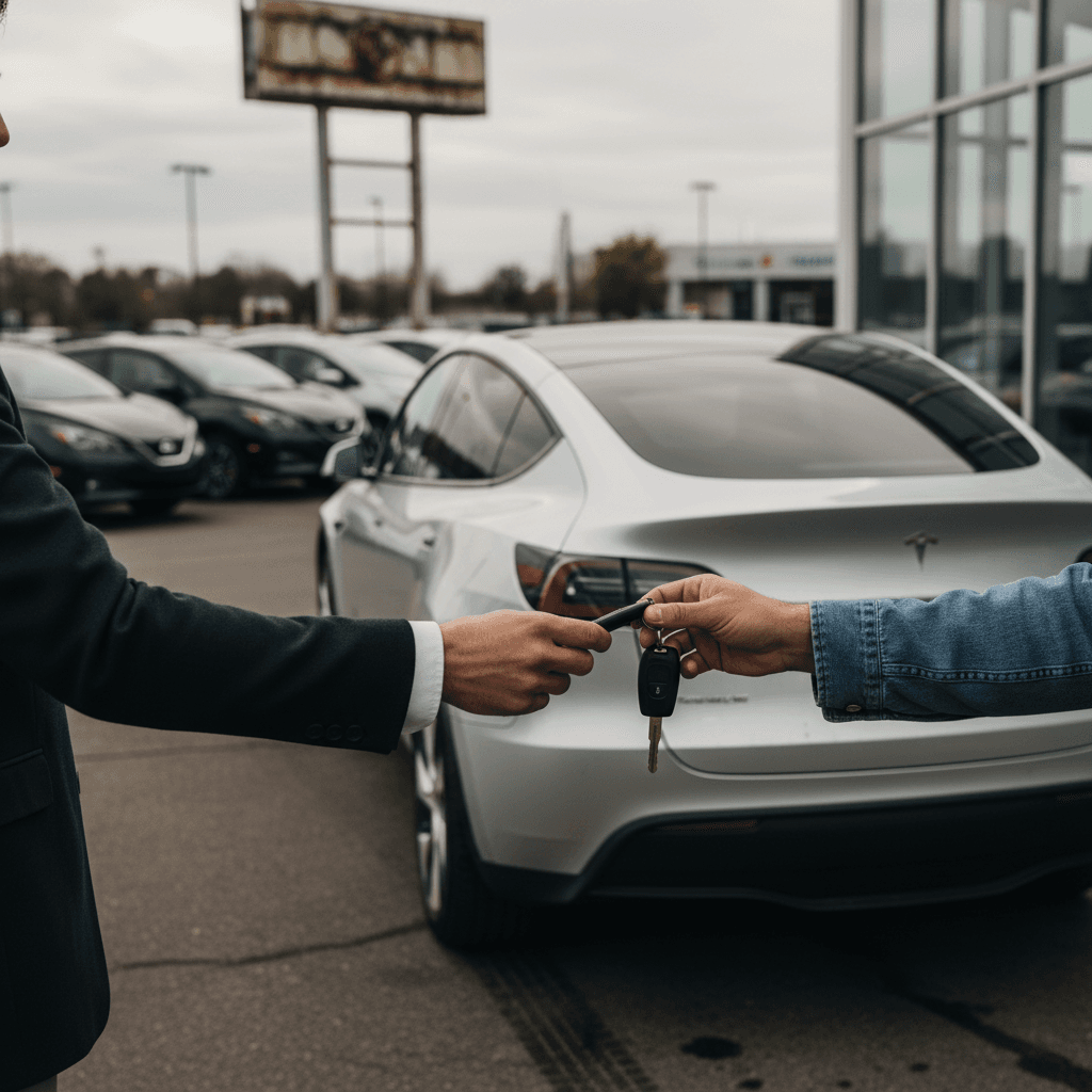 Customer and EV specialist reviewing a Recharged Score battery health report next to a used Tesla Model Y