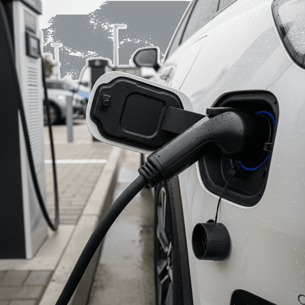 Kia EV9 plugged into a public DC fast charger at a modern charging plaza