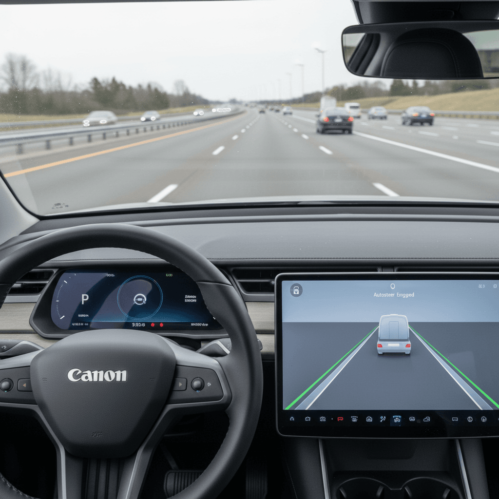 Driver in an electric vehicle on the highway with hands-free driving engaged, digital cluster showing lane-centering and adaptive cruise controls active
