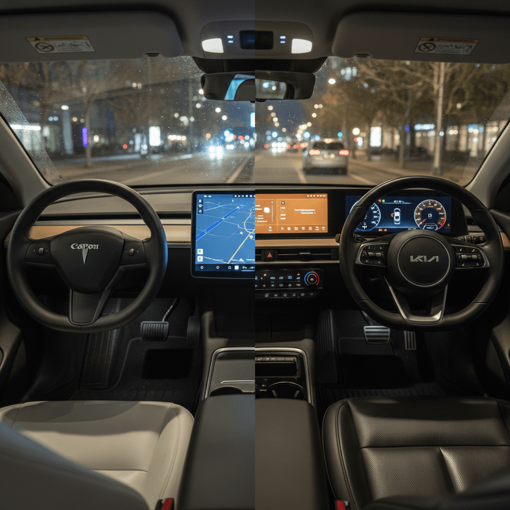 Split view of Tesla Supercharger station and multi-brand DC fast charging station at a highway rest stop