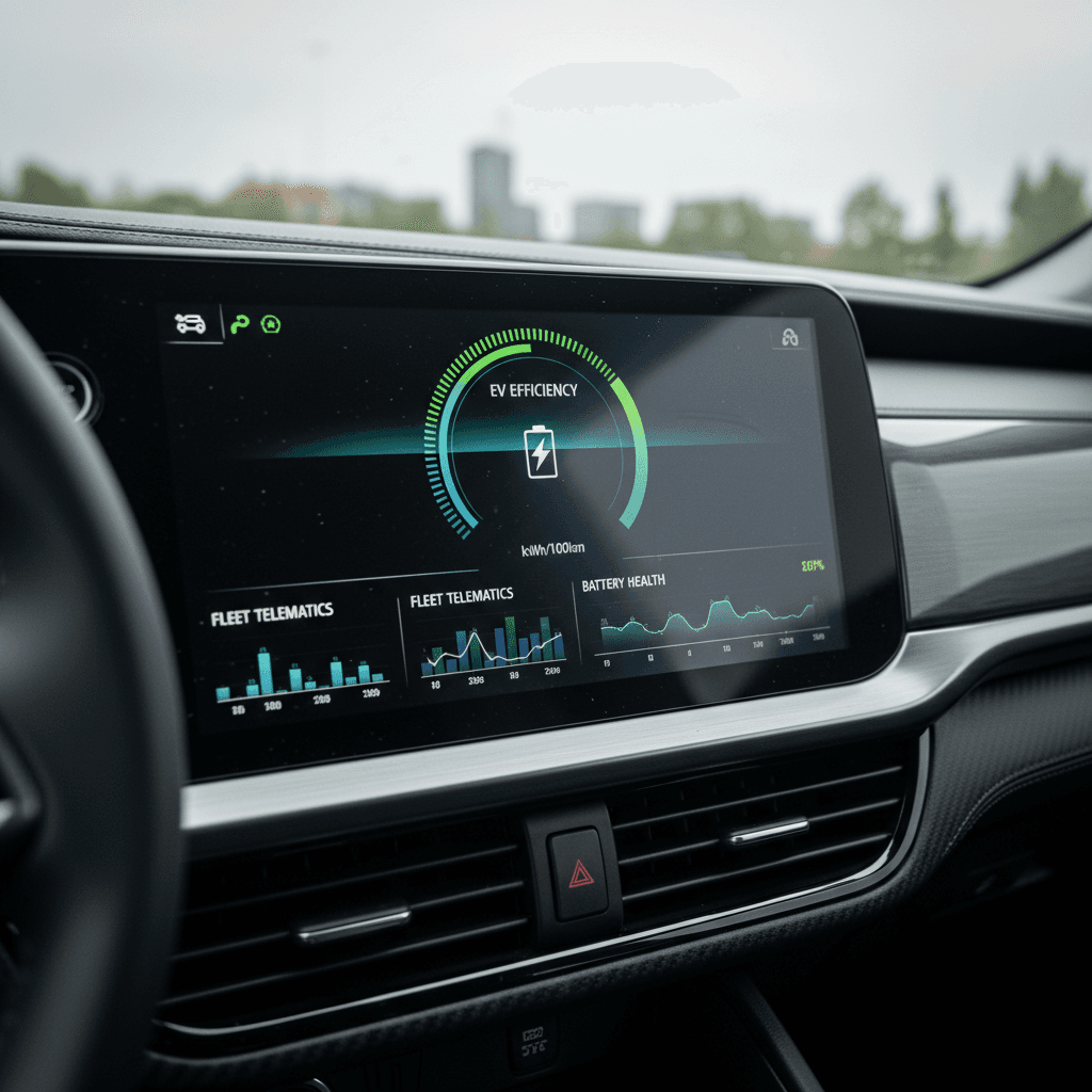 Dashboard screen showing an electric vehicle fleet tracking and telematics dashboard with maps and charts