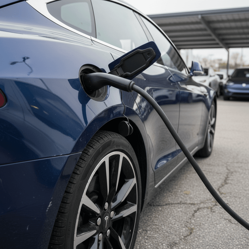 Close‑up of a used Tesla Model S in a lot, clean wheels and bodywork emphasizing condition for resale