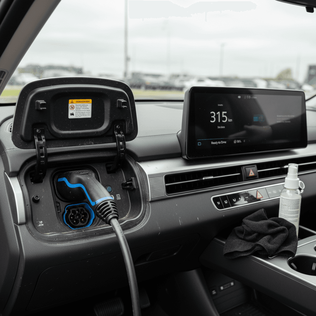 Owner checking Hyundai Ioniq 6 charging screen and battery range before selling.