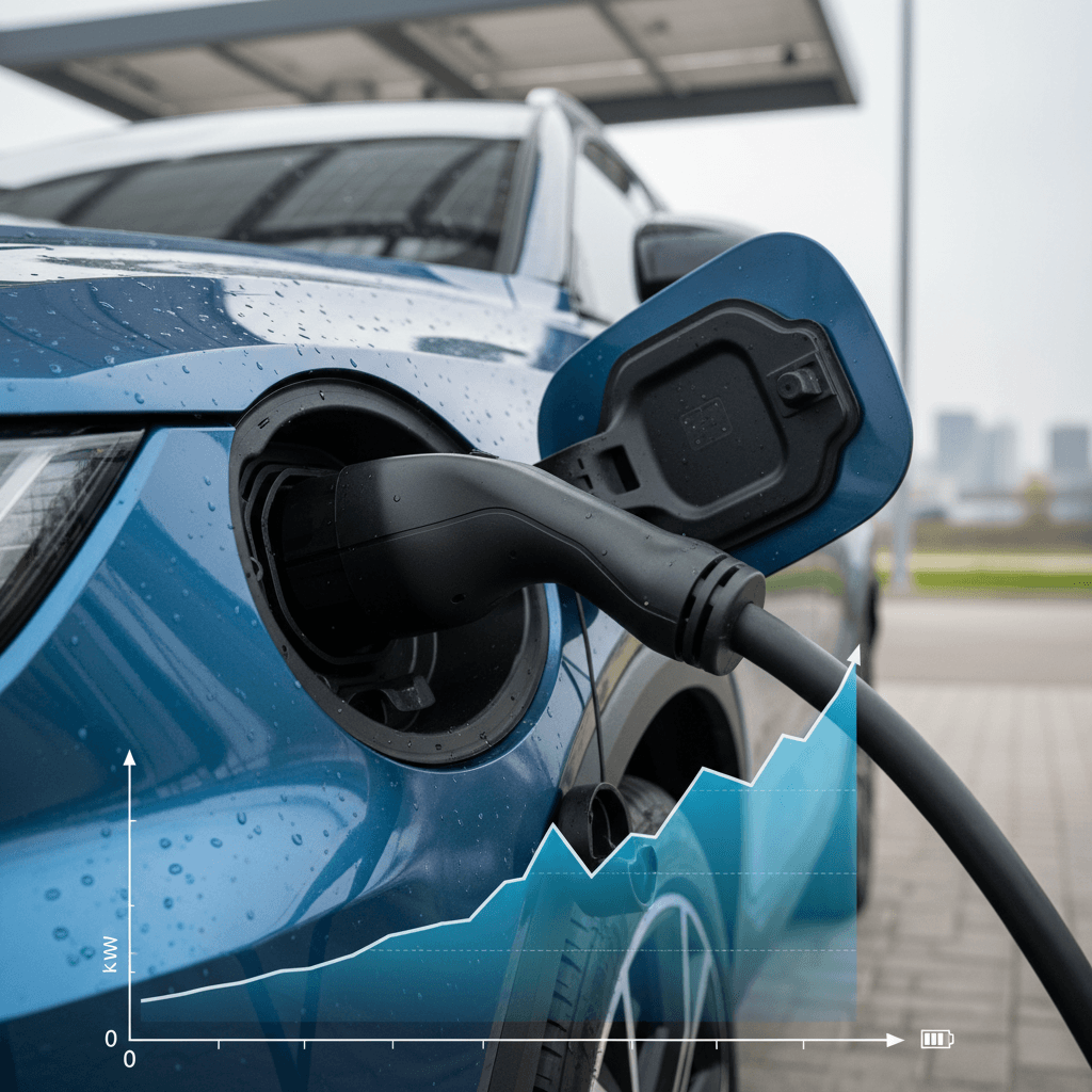Illustrative Volvo EX30 DC fast-charging curve showing power tapering from peak at low state of charge down toward 80%.
